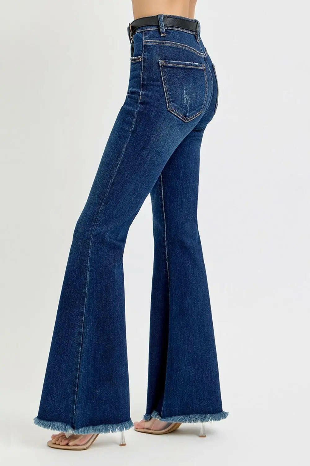 RISEN Tummy Control Frayed Hem Flare Jeans Trendsi