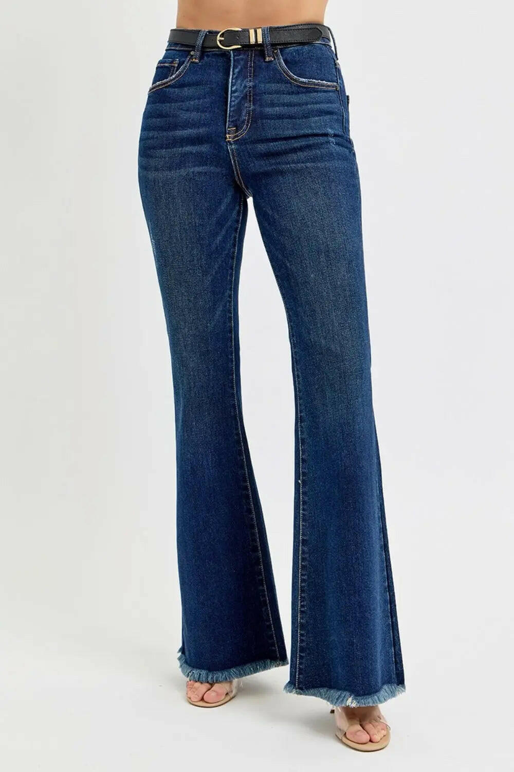 RISEN Tummy Control Frayed Hem Flare Jeans Trendsi