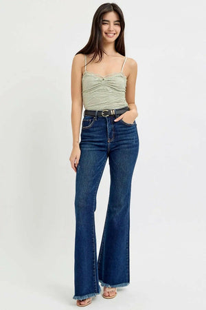 RISEN Tummy Control Frayed Hem Flare Jeans Trendsi