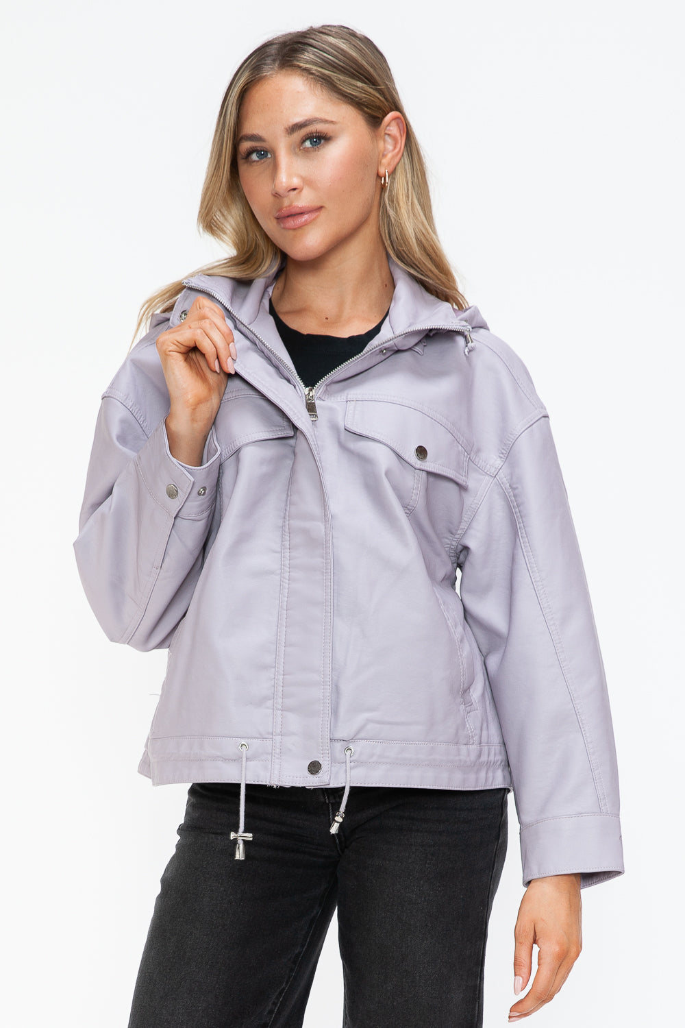 How Dare U Drawstring Hem PU Leather Zip Up Jacket - All Mine Now Clothing