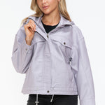 How Dare U Drawstring Hem PU Leather Zip Up Jacket - All Mine Now Clothing