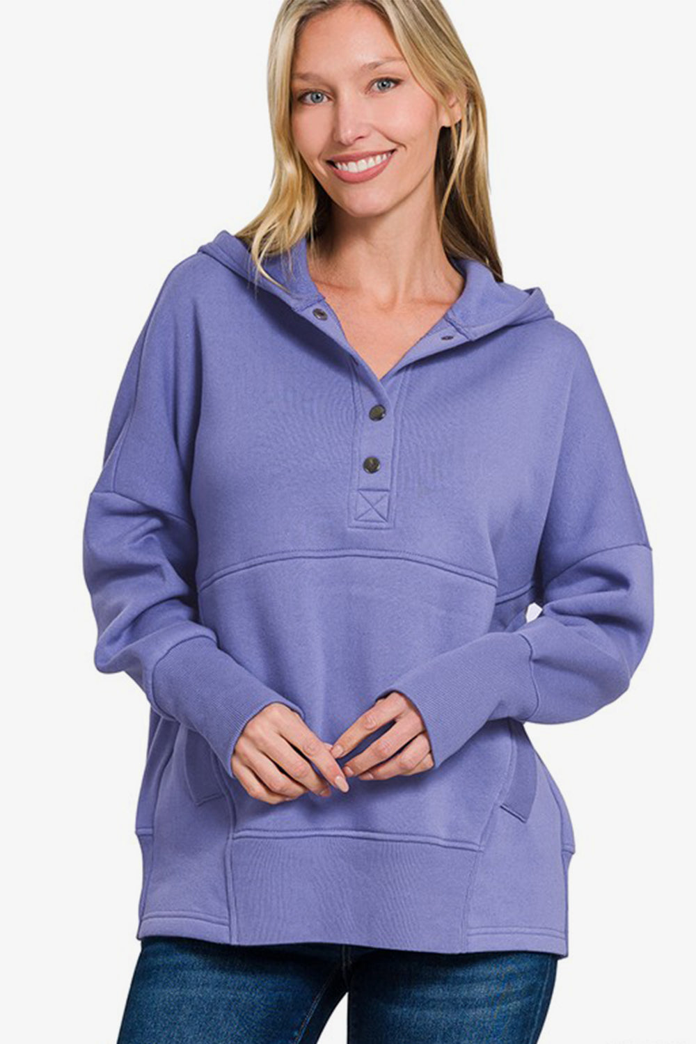 Zenana Half Snap Long Sleeve Hoodie with Kangaroo Pocket - All Mine Now Clothing