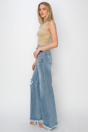 RISEN Mid Rise Button Fly Wide Leg Jeans Trendsi