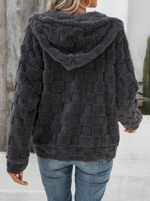 Checkered Texture Zip Up Drawstring Fuzzy Jacket - All Mine Now Clothing