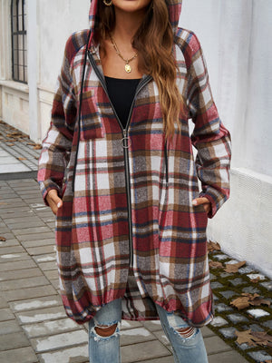 Devine Plaid Zip Up Hooded Coat - All Mine Now Clothing