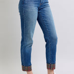 Judy Blue Full Size Plaid Print Cuff Straight Leg Jeans with Pockets Trendsi