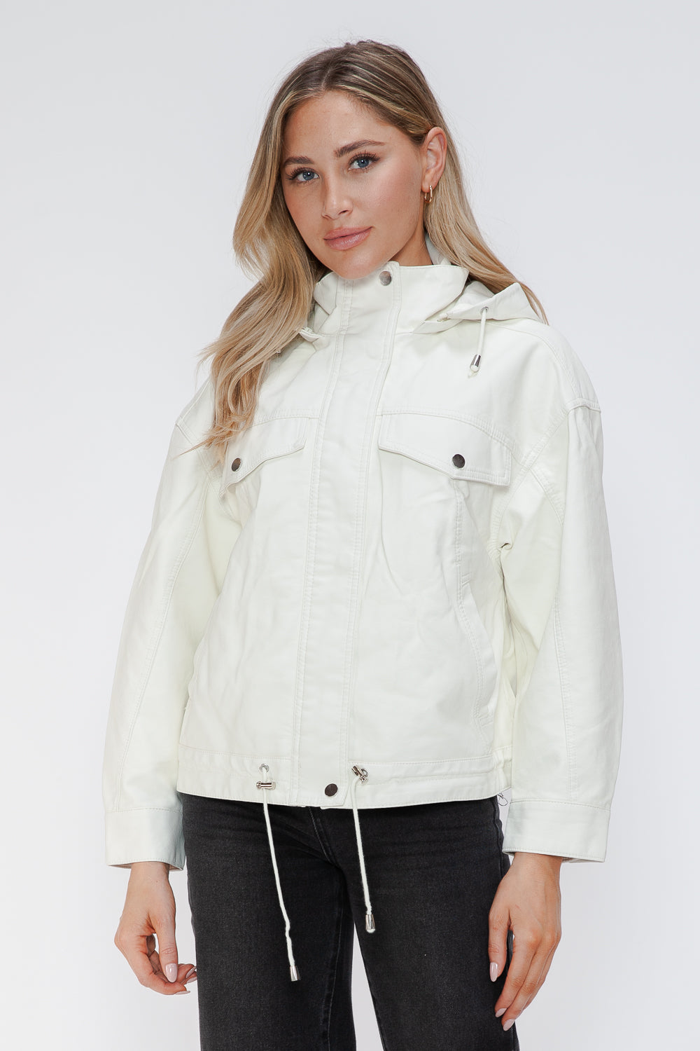 How Dare U Drawstring Hem PU Leather Zip Up Jacket - All Mine Now Clothing