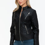 Snobbish Faux Leather Zip Up Mock Neck Jacket - All Mine Now Clothing