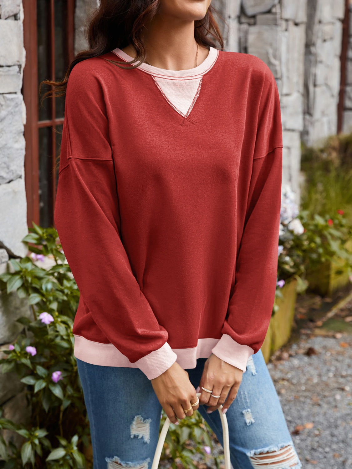 Lovelet Contrast Round Neck Long Sleeve Sweatshirt - All Mine Now Clothing