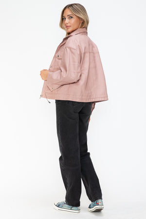 How Dare U Drawstring Hem PU Leather Zip Up Jacket - All Mine Now Clothing