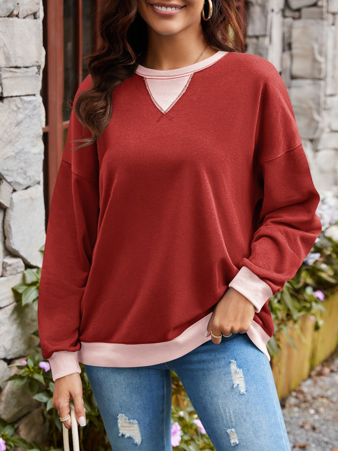 Lovelet Contrast Round Neck Long Sleeve Sweatshirt - All Mine Now Clothing