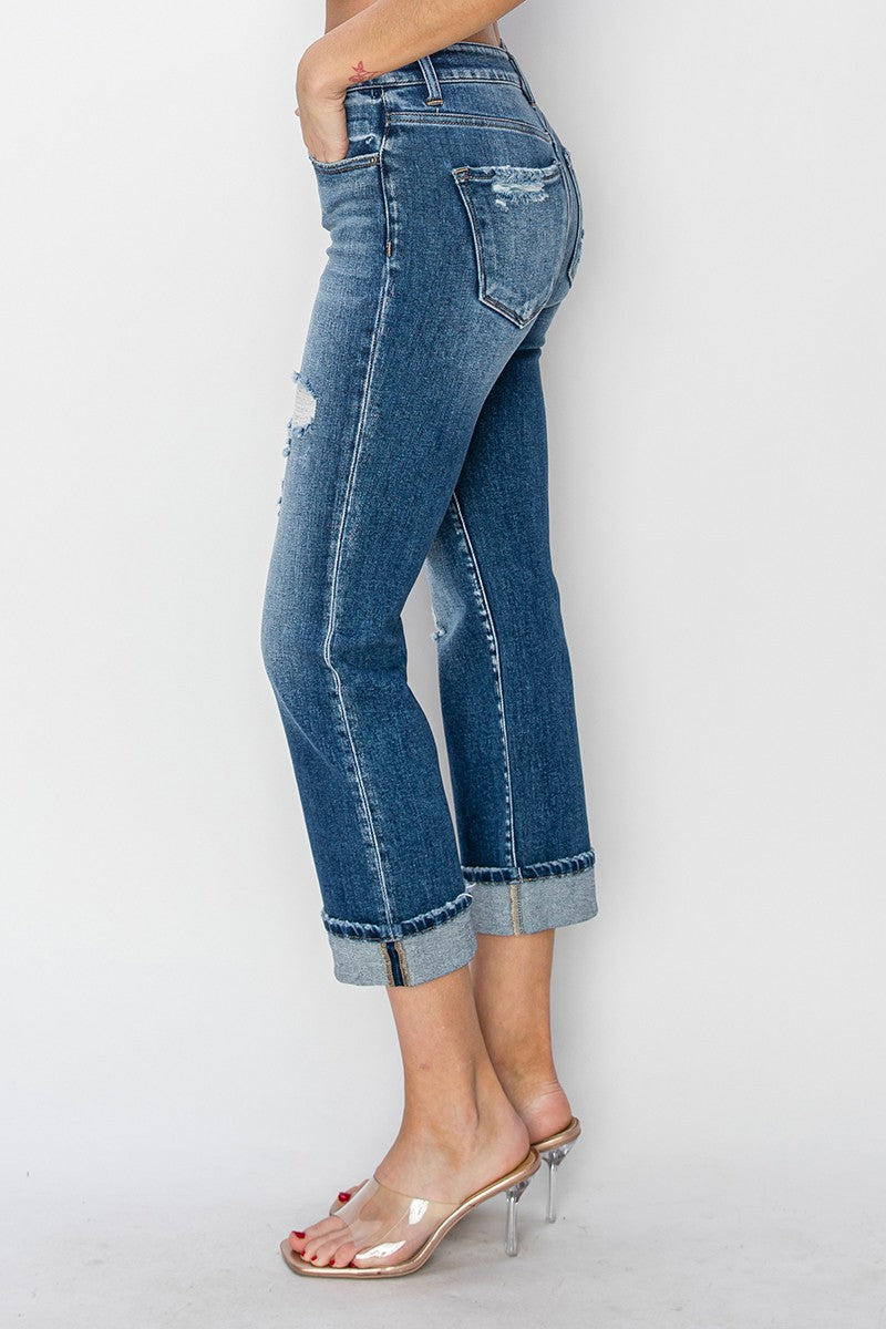 RISEN Full Size Cuffed Ankle Distressed Straight Jeans - All Mine Now Clothing