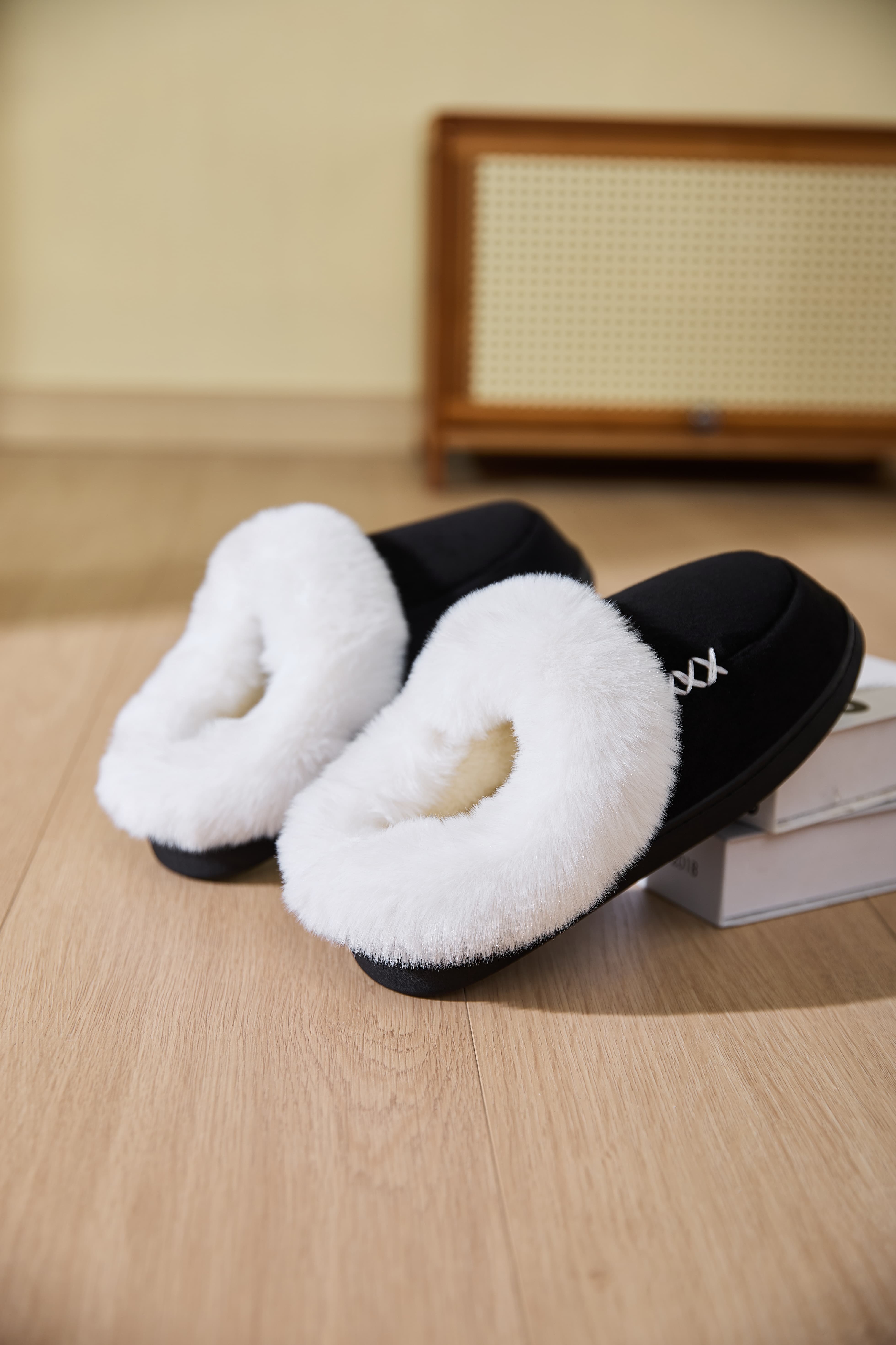 Fluff Trim Round Toe Flat Slippers - All Mine Now Clothing