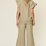 Double Take Texture Ruffle Short Sleeve Top and Drawstring Wide Leg Pants Set - All Mine Now Clothing