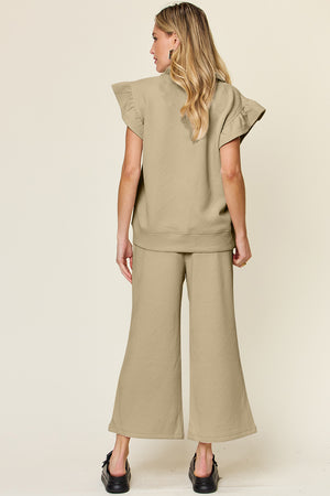 Double Take Texture Ruffle Short Sleeve Top and Drawstring Wide Leg Pants Set - All Mine Now Clothing