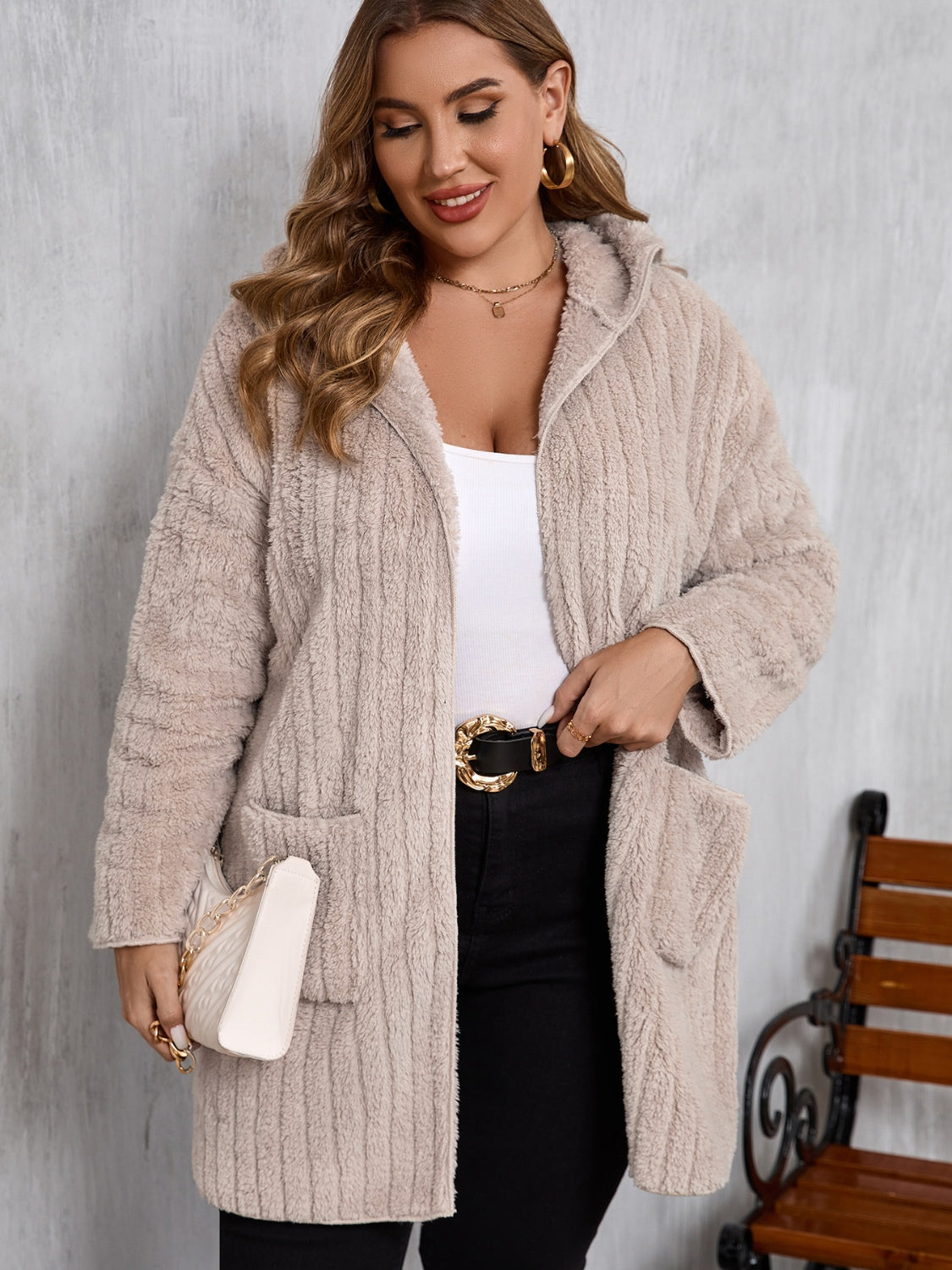 Plus Size Open Front Long Sleeve Hooded Fuzzy Jacket - All Mine Now Clothing