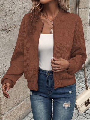 Textured Zip Up Long Sleeve Jacket - All Mine Now Clothing