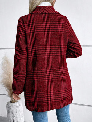 Plaid Collared Neck Long Sleeve Jacket - All Mine Now Clothing