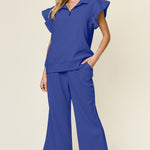 Double Take Texture Ruffle Short Sleeve Top and Drawstring Wide Leg Pants Set - All Mine Now Clothing