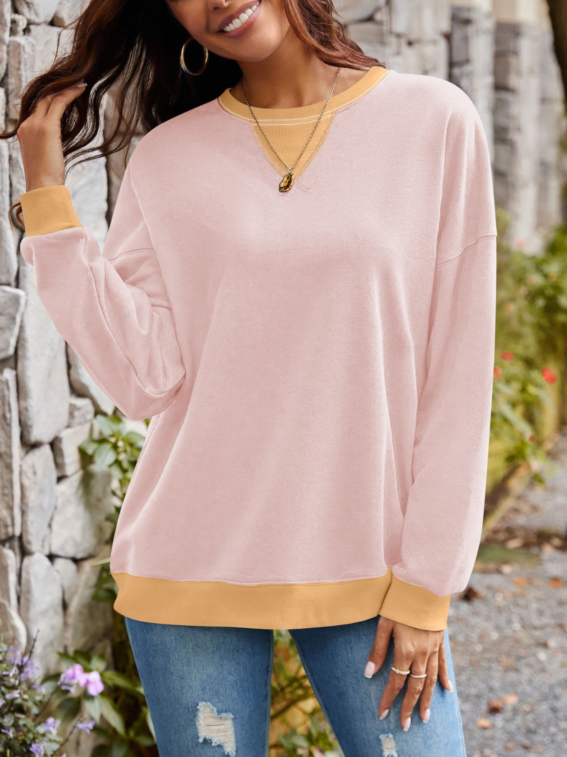 Lovelet Contrast Round Neck Long Sleeve Sweatshirt - All Mine Now Clothing