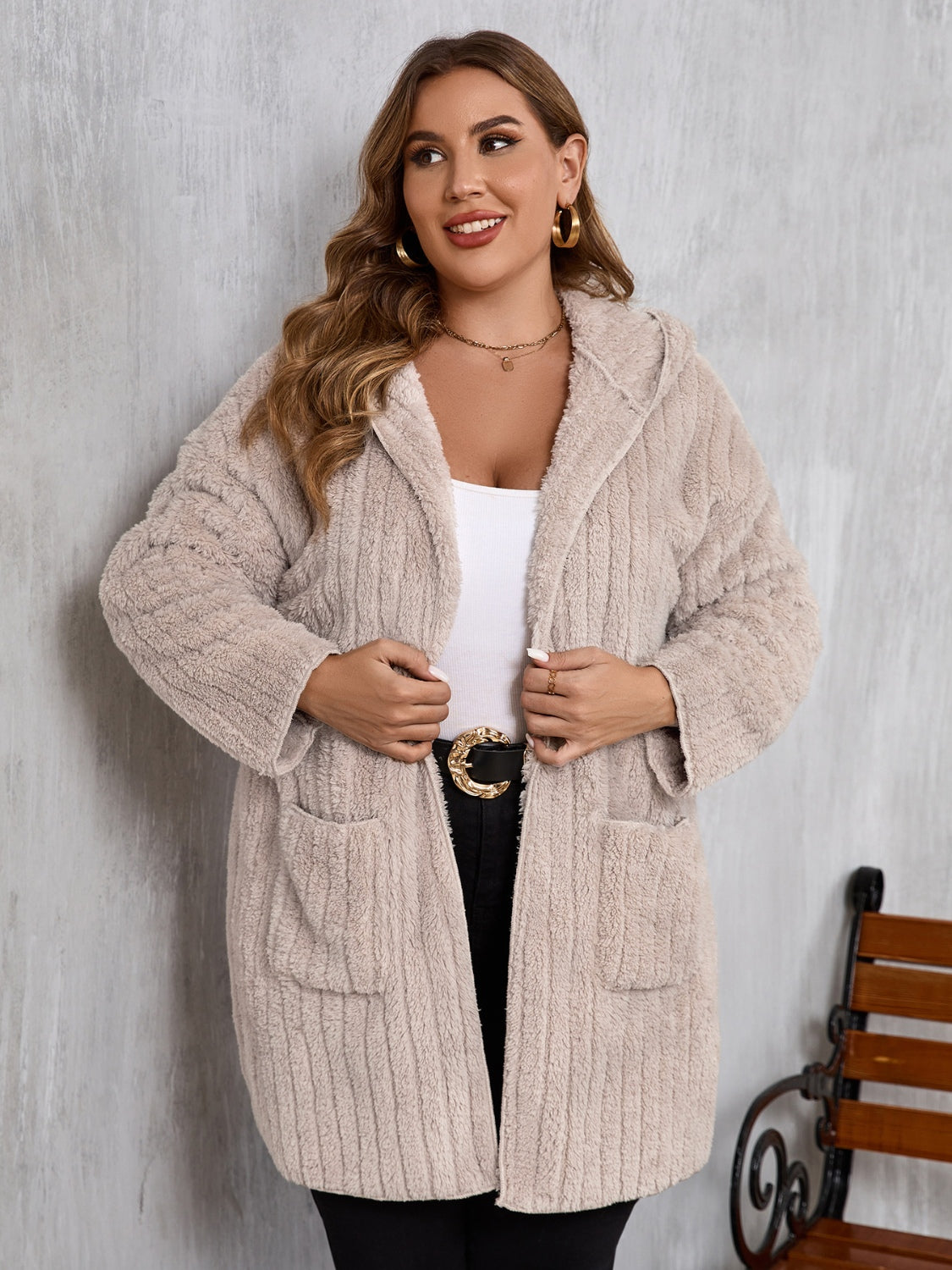 Plus Size Open Front Long Sleeve Hooded Fuzzy Jacket - All Mine Now Clothing