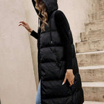 Drawstring Zip Up Hooded Longline Vest Coat