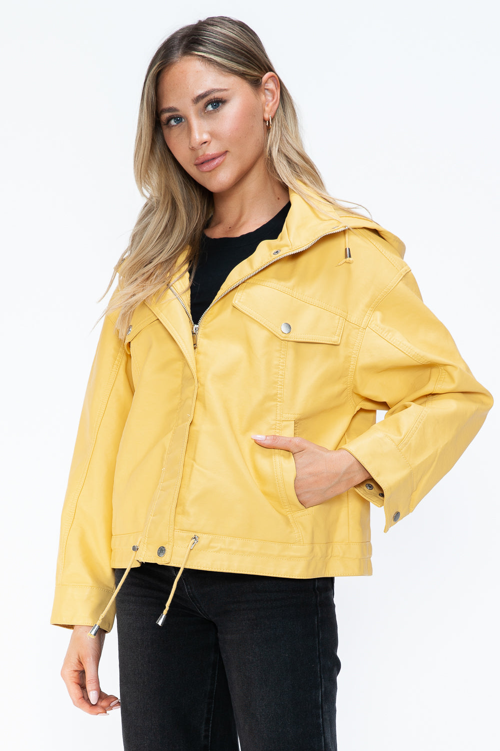 How Dare U Drawstring Hem PU Leather Zip Up Jacket - All Mine Now Clothing