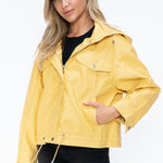 How Dare U Drawstring Hem PU Leather Zip Up Jacket - All Mine Now Clothing