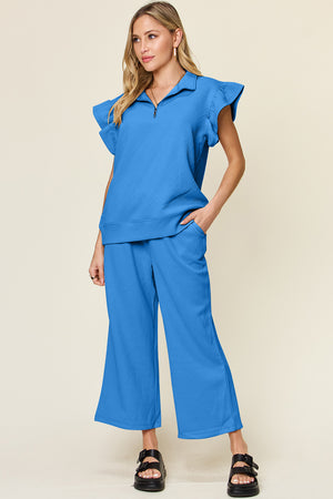 Double Take Texture Ruffle Short Sleeve Top and Drawstring Wide Leg Pants Set - All Mine Now Clothing