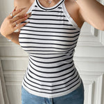 Devine Lace Detail Striped Round Neck Tank Top