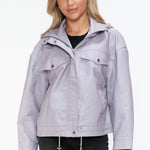 How Dare U Drawstring Hem PU Leather Zip Up Jacket - All Mine Now Clothing