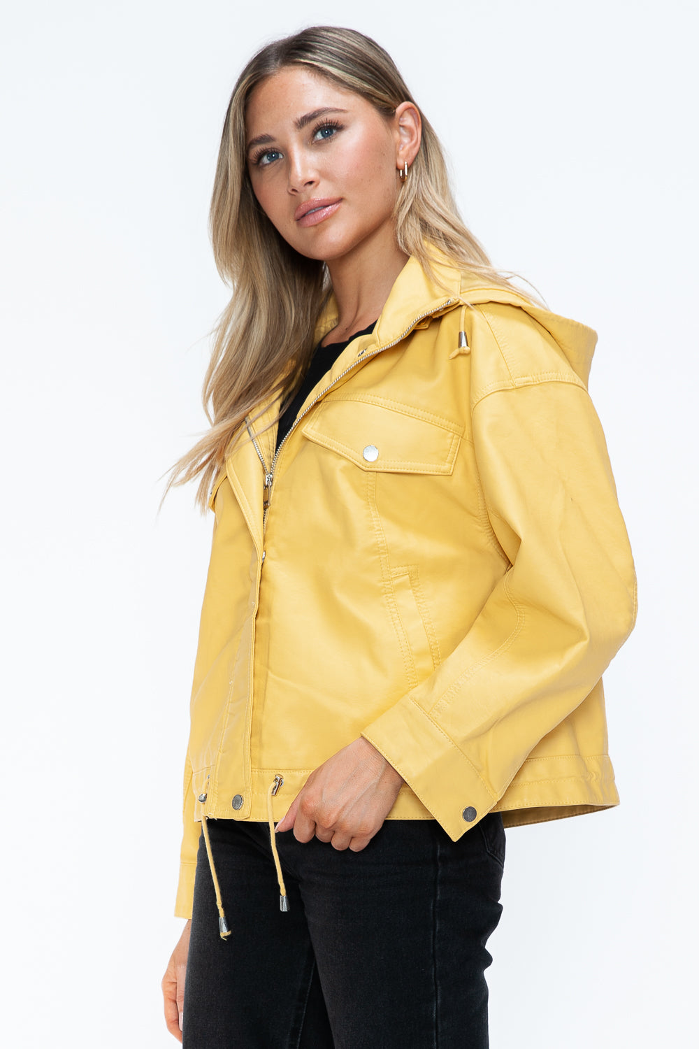 How Dare U Drawstring Hem PU Leather Zip Up Jacket - All Mine Now Clothing