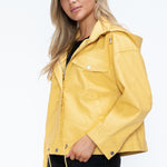 How Dare U Drawstring Hem PU Leather Zip Up Jacket - All Mine Now Clothing