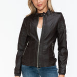 Snobbish PU Leather Biker Jacket with Side Zip Pockets - All Mine Now Clothing