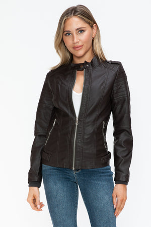 Snobbish PU Leather Biker Jacket with Side Zip Pockets - All Mine Now Clothing