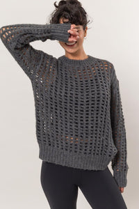 HYFVE Openwork Round Neck Long Sleeve Knit Cover Up - All Mine Now Clothing