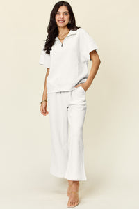 Double Take Full Size Texture Half Zip Short Sleeve Top and Pants Set - All Mine Now Clothing