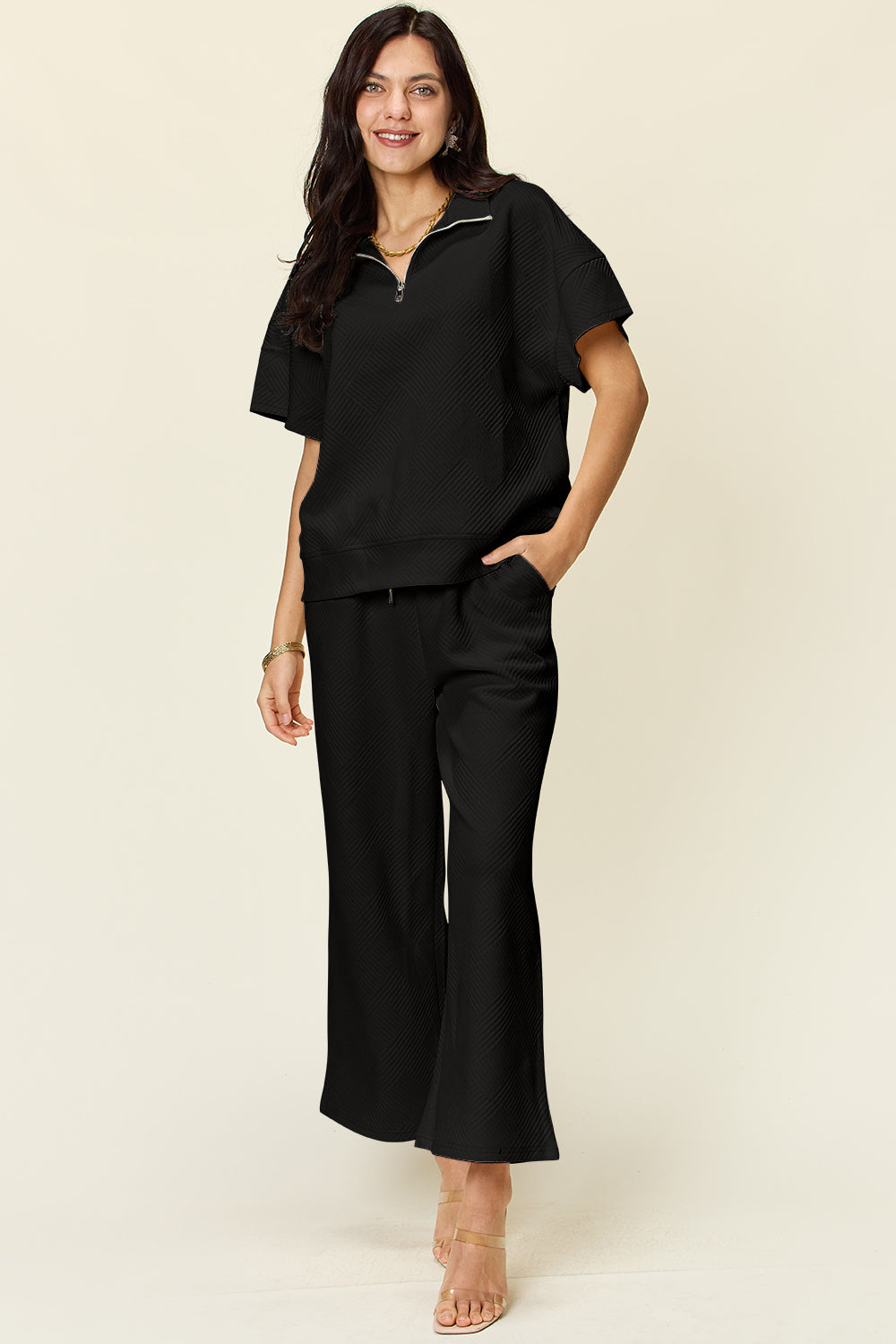 Double Take Full Size Texture Half Zip Short Sleeve Top and Pants Set - All Mine Now Clothing