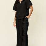 Double Take Full Size Texture Half Zip Short Sleeve Top and Pants Set - All Mine Now Clothing