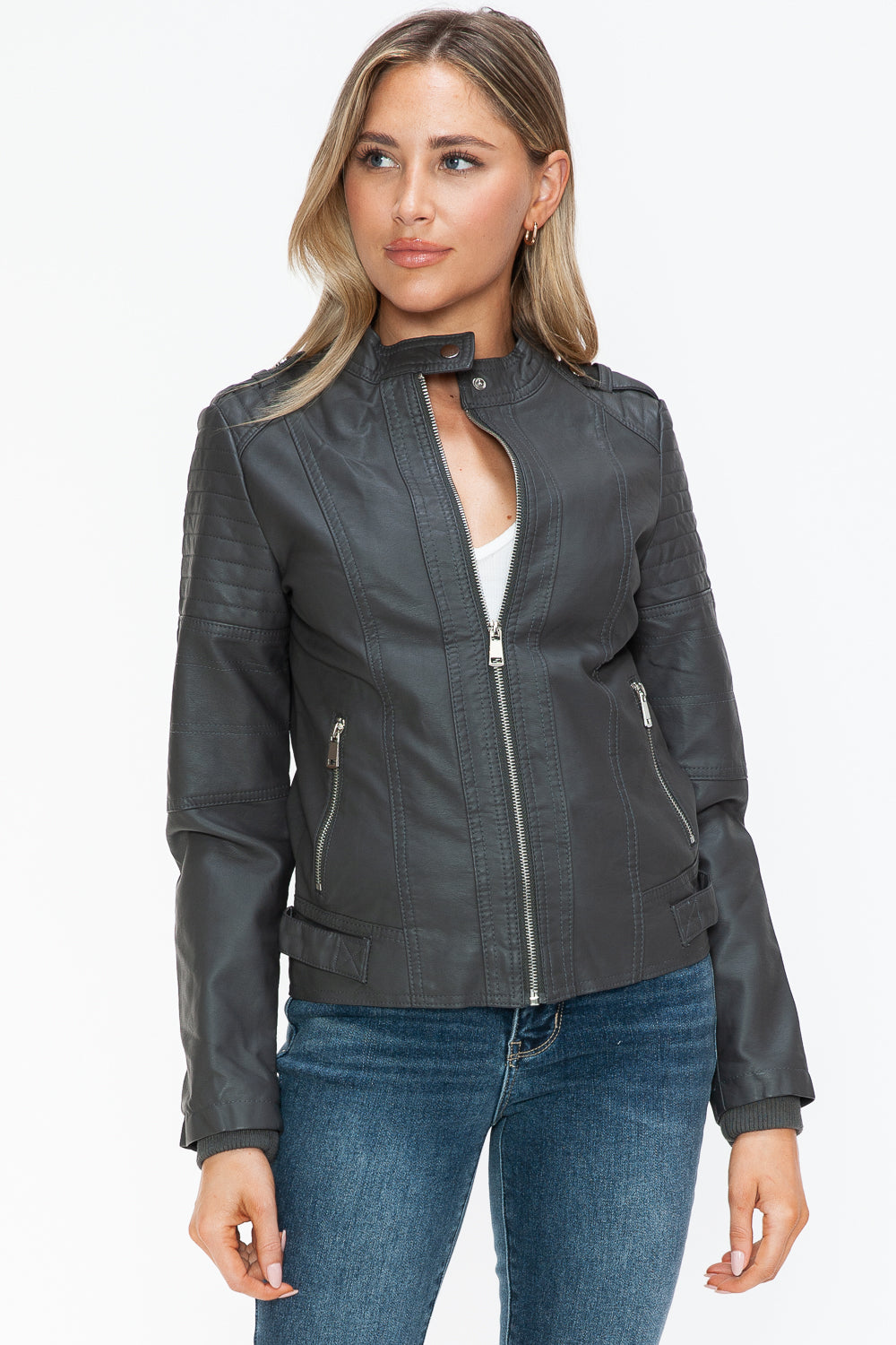 Snobbish PU Leather Biker Jacket with Side Zip Pockets - All Mine Now Clothing