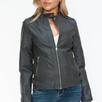 Snobbish PU Leather Biker Jacket with Side Zip Pockets - All Mine Now Clothing