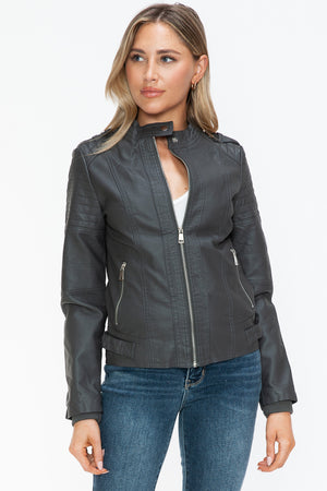 Snobbish PU Leather Biker Jacket with Side Zip Pockets - All Mine Now Clothing