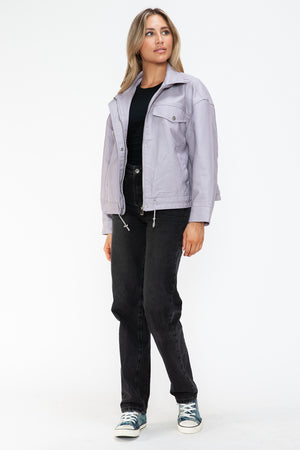 How Dare U Drawstring Hem PU Leather Zip Up Jacket - All Mine Now Clothing