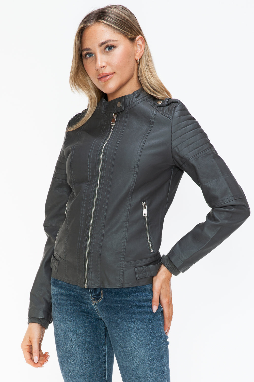 Snobbish PU Leather Biker Jacket with Side Zip Pockets - All Mine Now Clothing