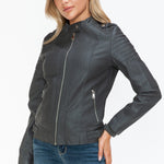 Snobbish PU Leather Biker Jacket with Side Zip Pockets - All Mine Now Clothing