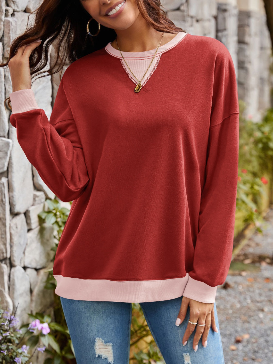 Lovelet Contrast Round Neck Long Sleeve Sweatshirt - All Mine Now Clothing