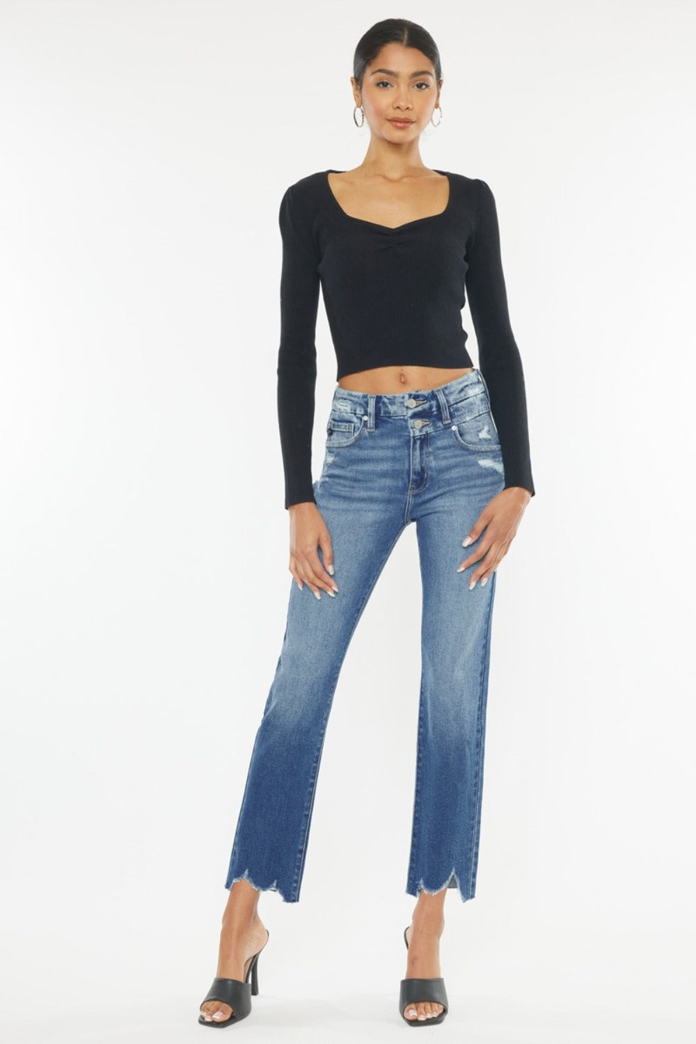 Kancan High Rise Wide Waistband Slim Straight Jeans Trendsi