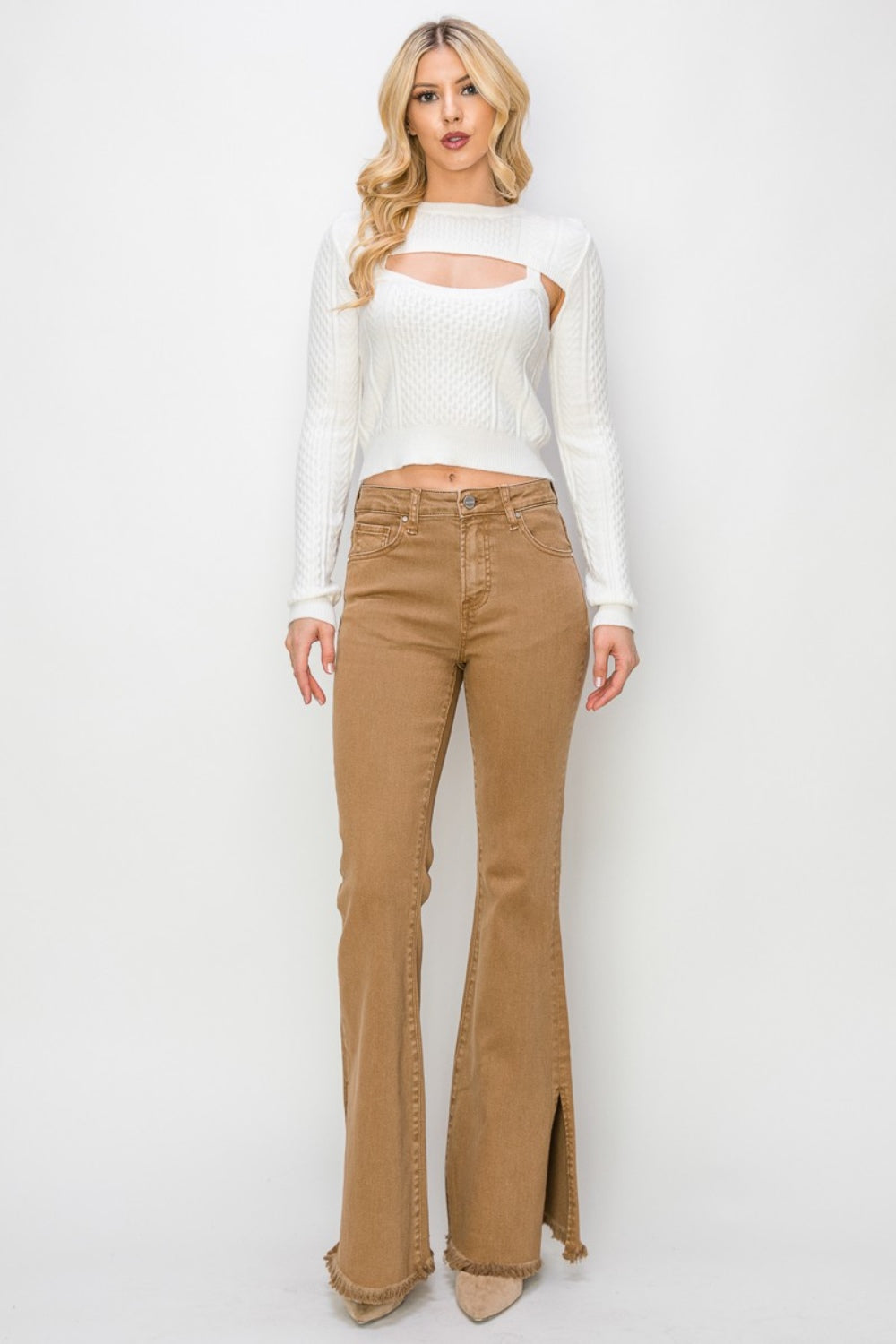 RISEN Bailey Full Size High Waist Side Slit Flare Jeans Trendsi