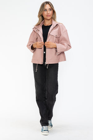 How Dare U Drawstring Hem PU Leather Zip Up Jacket - All Mine Now Clothing