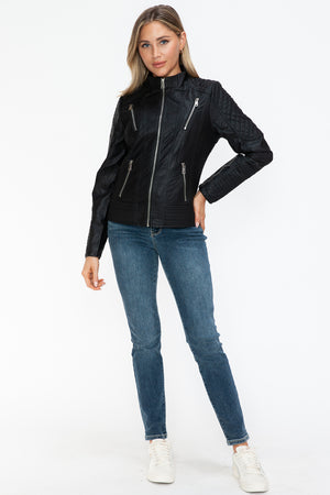 Snobbish Faux Leather Zip Up Mock Neck Jacket - All Mine Now Clothing